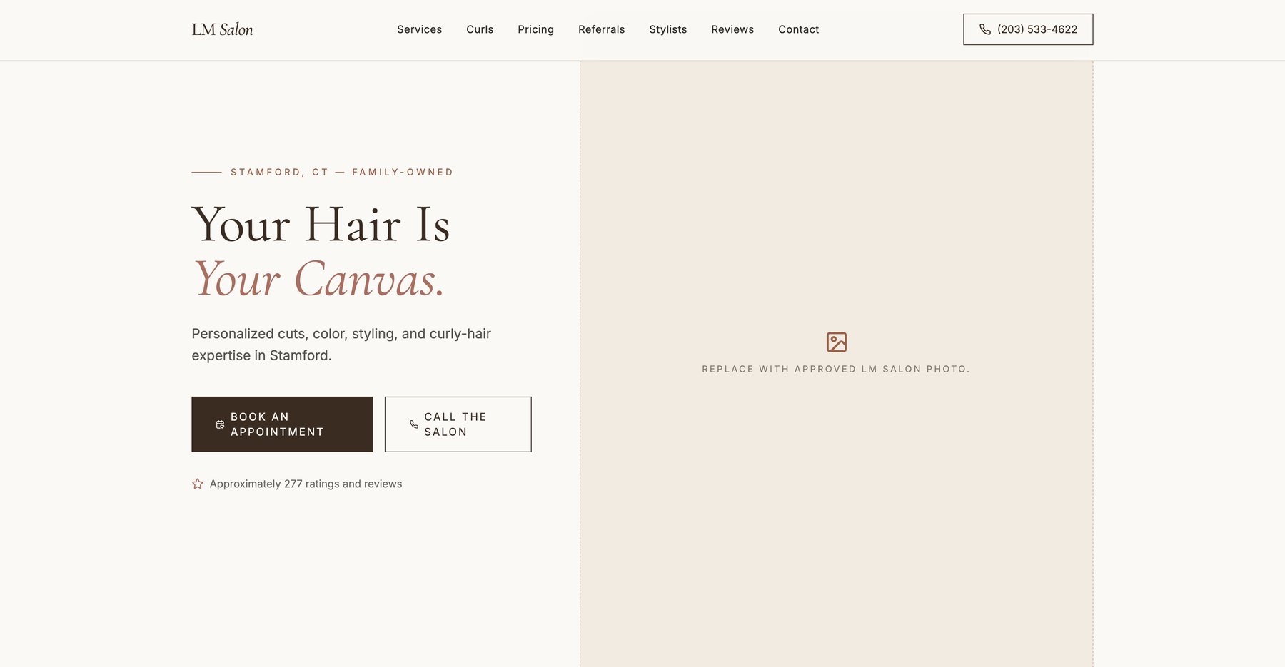 LM Salon concept homepage: “Your Hair Is Your Canvas.” with an open photo area reserved for the salon’s own photography