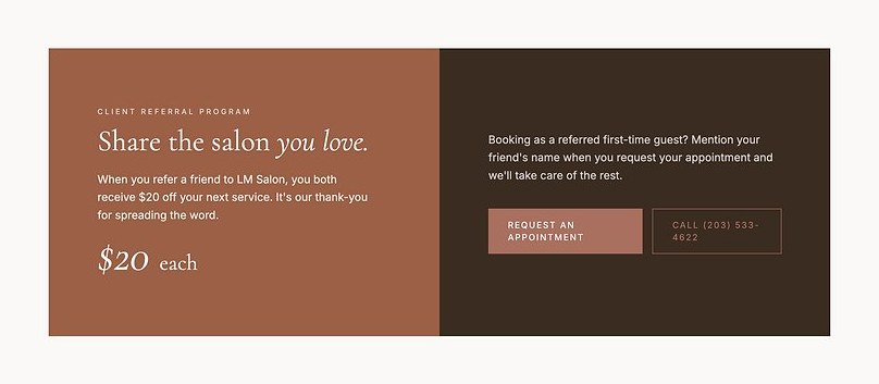 LM Salon concept: client referral program card, “Share the salon you love.”