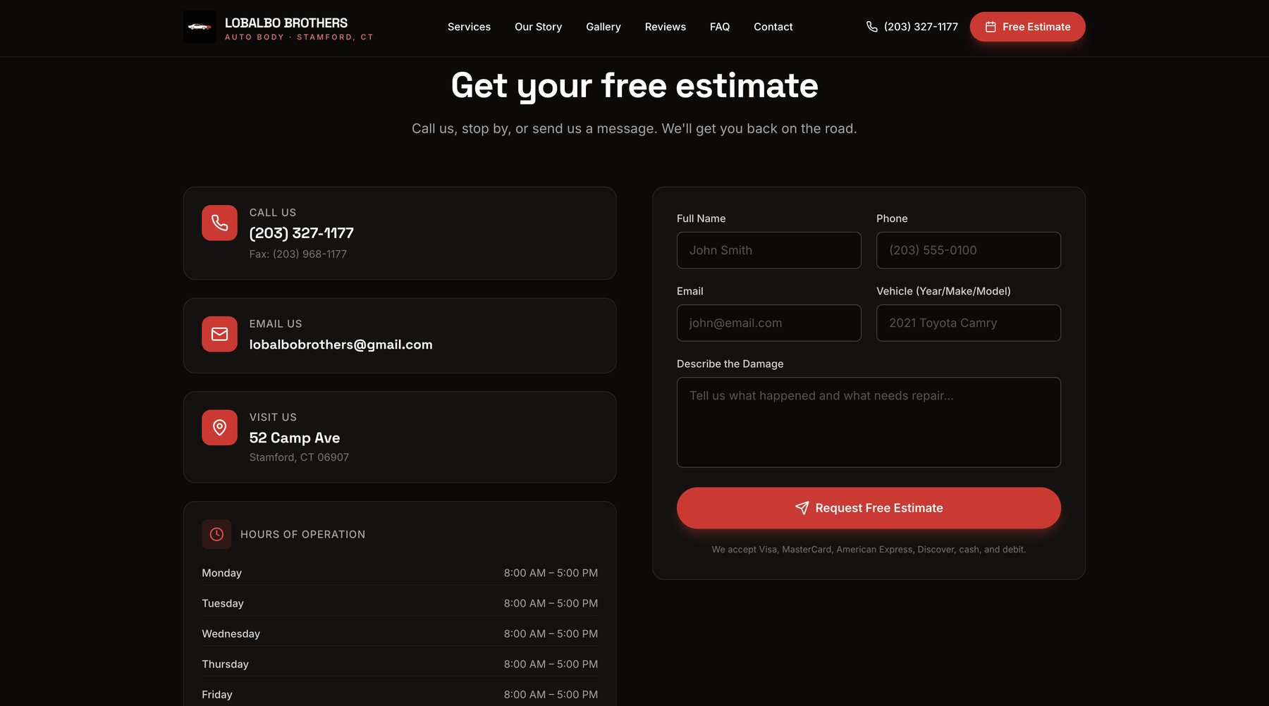 Lobalbo Brothers “Get your free estimate” page with phone, email, address, hours and an estimate request form