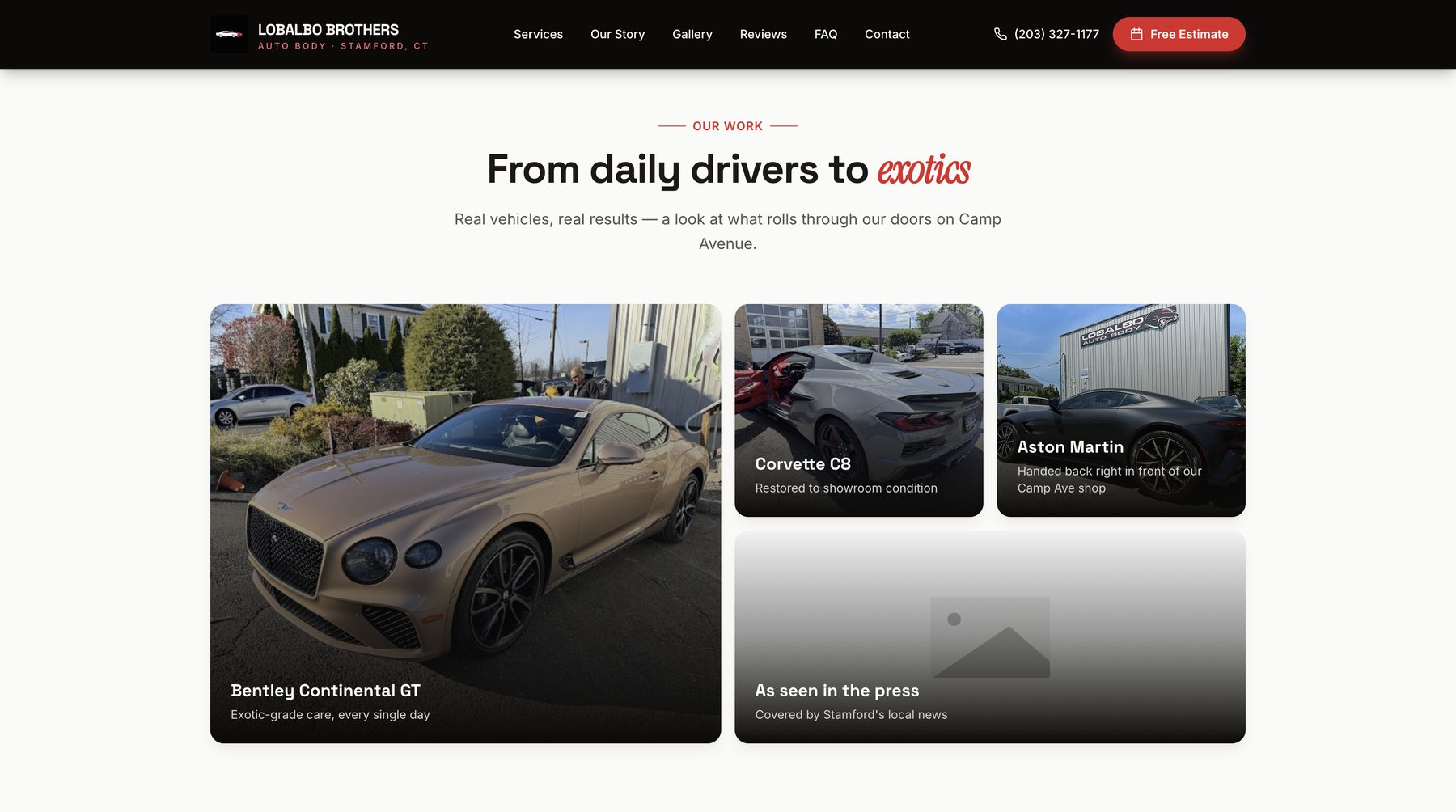 Lobalbo Brothers “From daily drivers to exotics” gallery: a Bentley Continental GT, Corvette C8 and Aston Martin at the Camp Ave shop, with an open slot for press coverage