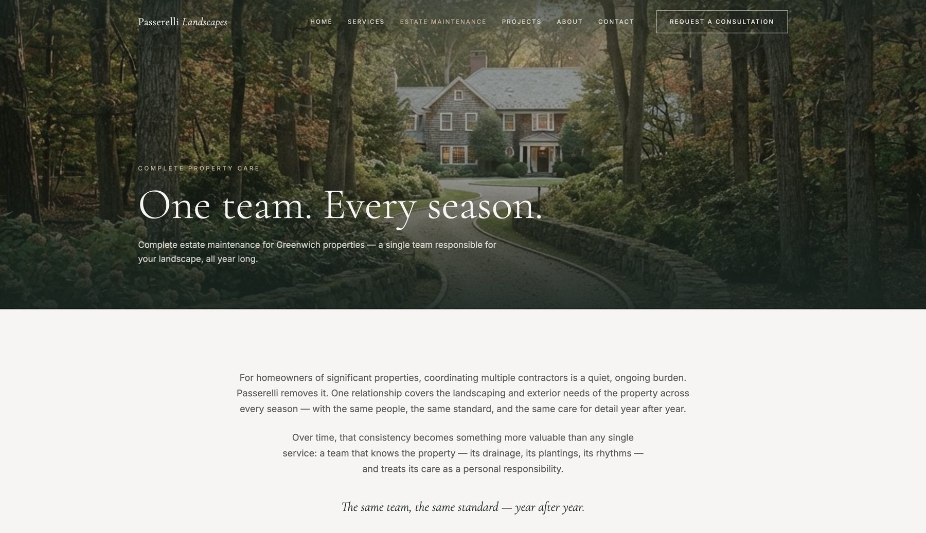 Passerelli Landscapes concept estate maintenance page: “One team. Every season.” over a wooded estate drive