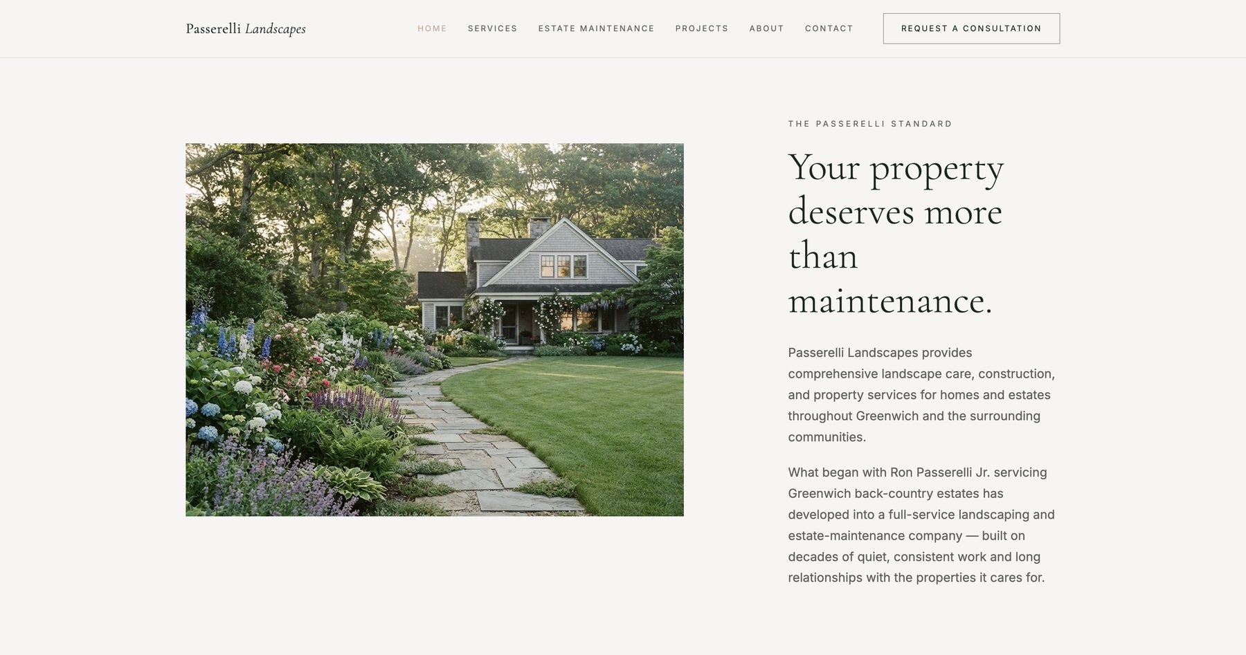 Passerelli Landscapes concept section: “The Passerelli Standard — Your property deserves more than maintenance.”